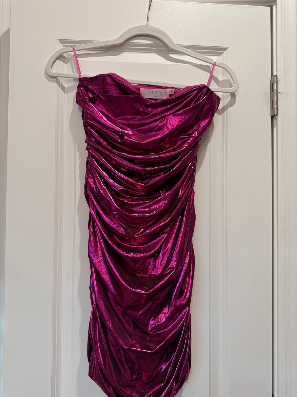 REVOLVE Astr Metallic Magenta Ruched Slip Mini Dress
